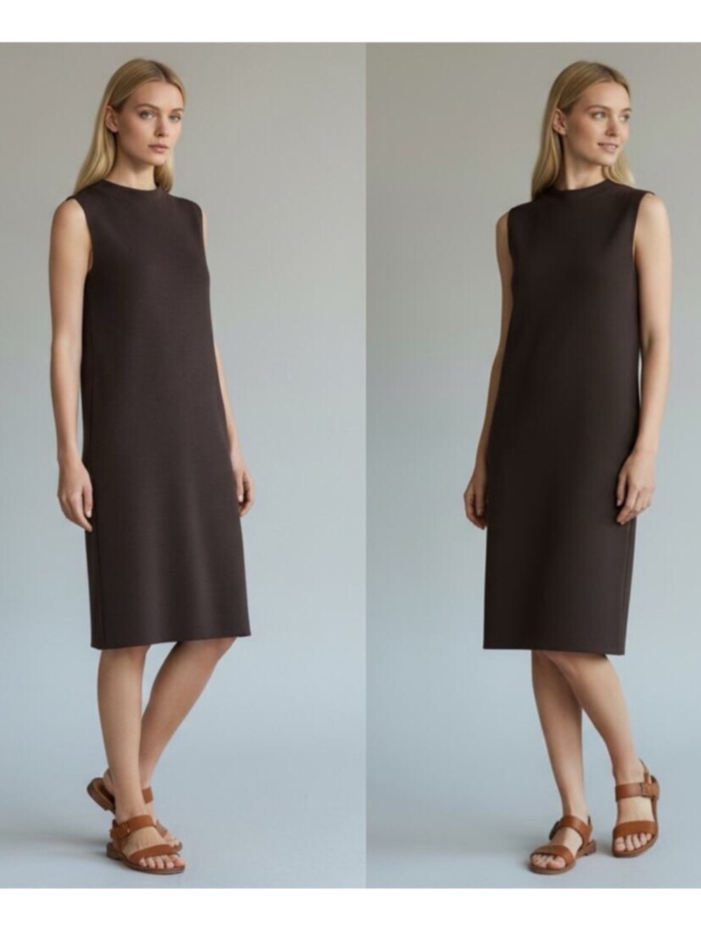 Eileen Fisher The Icon Black Funnel Neck Wool Crepe Sleeveless Dress LP NWT